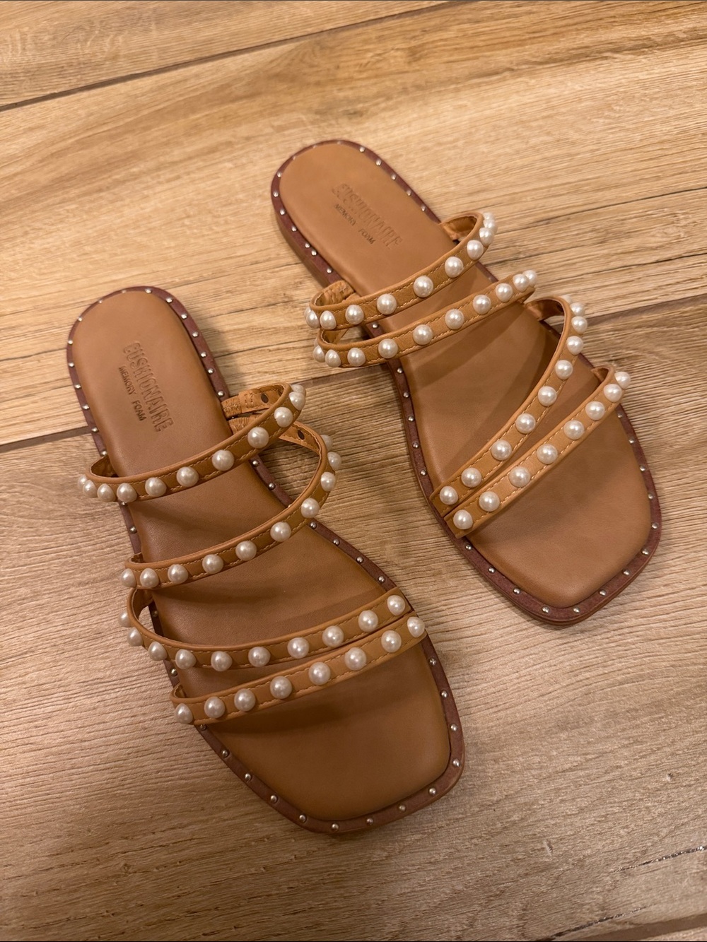 Pearl-Embellished Tan Slide Sandals - Women